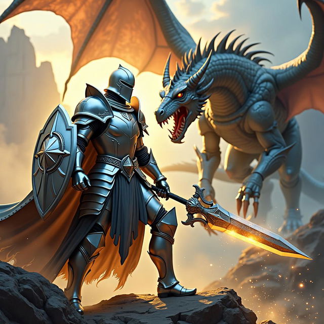 A silver paladin in full silver armor wields a massive zweihander and a magical shield of golden light, facing a fearsome dragon in an epic fantasy art style inspired by Rutkowski, with dramatic landscapes and dynamic energy