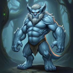 A pale blue Bugbear with a muscular and lean build, standing in a heroic pose