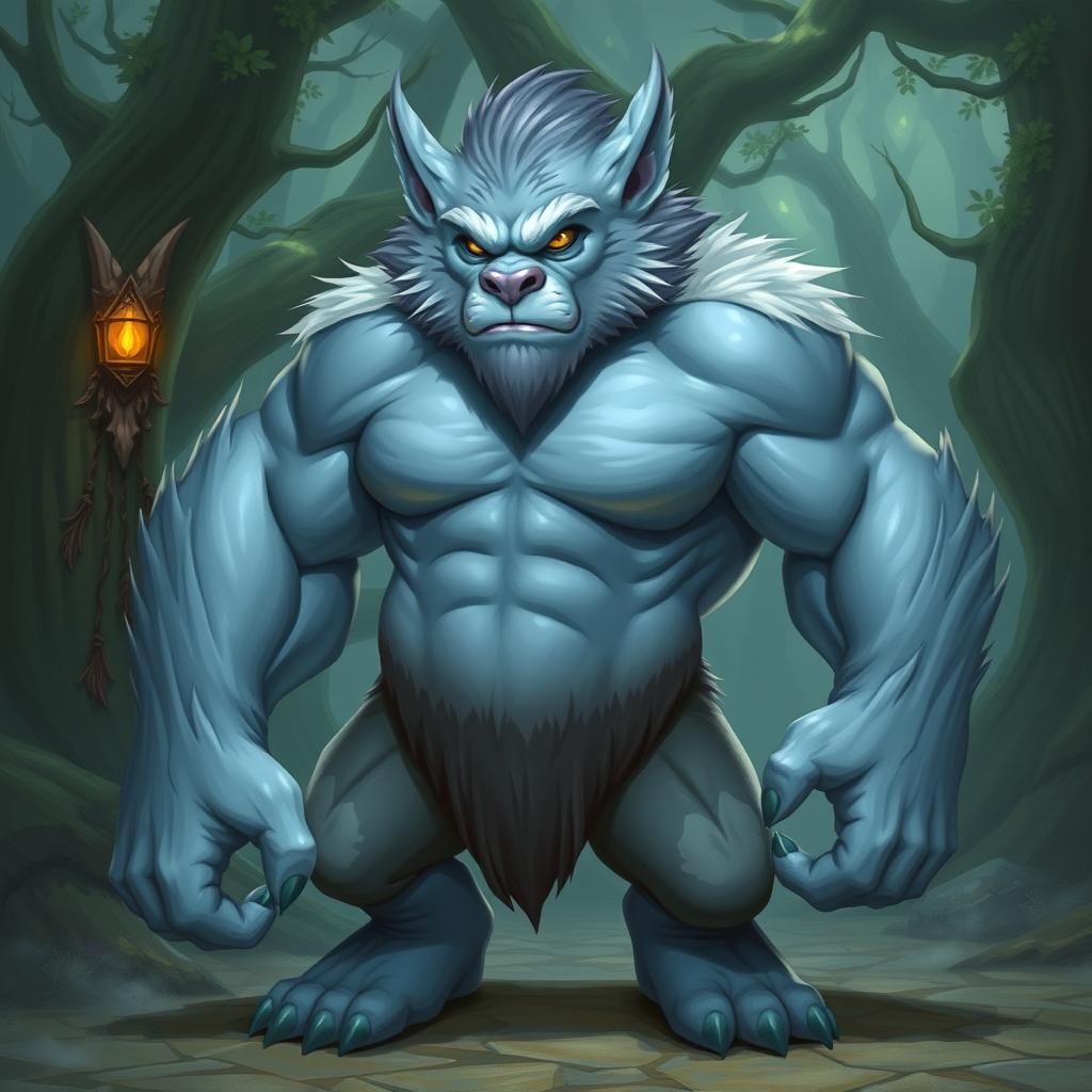 A pale blue Bugbear with a muscular and lean build, standing in a heroic pose