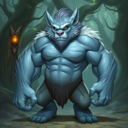 A pale blue Bugbear with a muscular and lean build, standing in a heroic pose