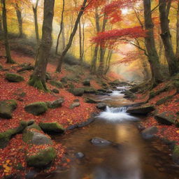 An enchanting forest scene during autumn, with vibrant red and orange leaves falling from the trees, sunlight filtering through the canopy, and a calm winding stream flowing across the landscape.