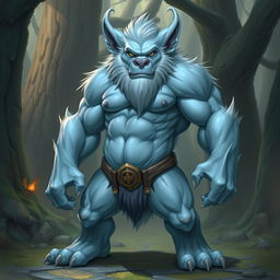 A pale blue Bugbear with a muscular and lean build, standing in a heroic pose