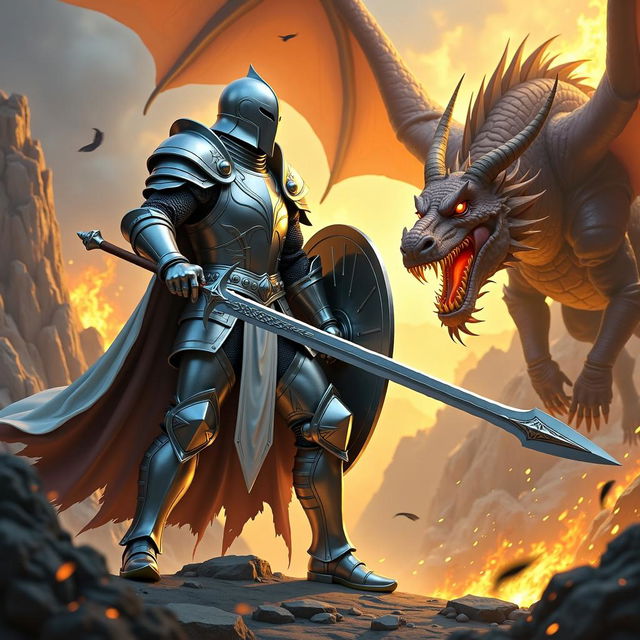 A silver paladin in full silver armor wields a massive zweihander and a magical shield of golden light, facing a fire-breathing dragon in an epic fantasy art style inspired by Rutkowski, with dramatic landscapes and dynamic energy