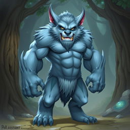 A pale blue Bugbear with a muscular and lean build, standing in a heroic pose