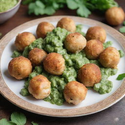 Chicken balls on a plate, surrounded by green salsa, with a beautiful decoration.