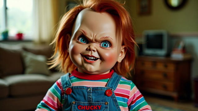 A highly realistic, cinematic portrait of a real-life Chucky doll, with pastel colors and a raw, unfiltered quality