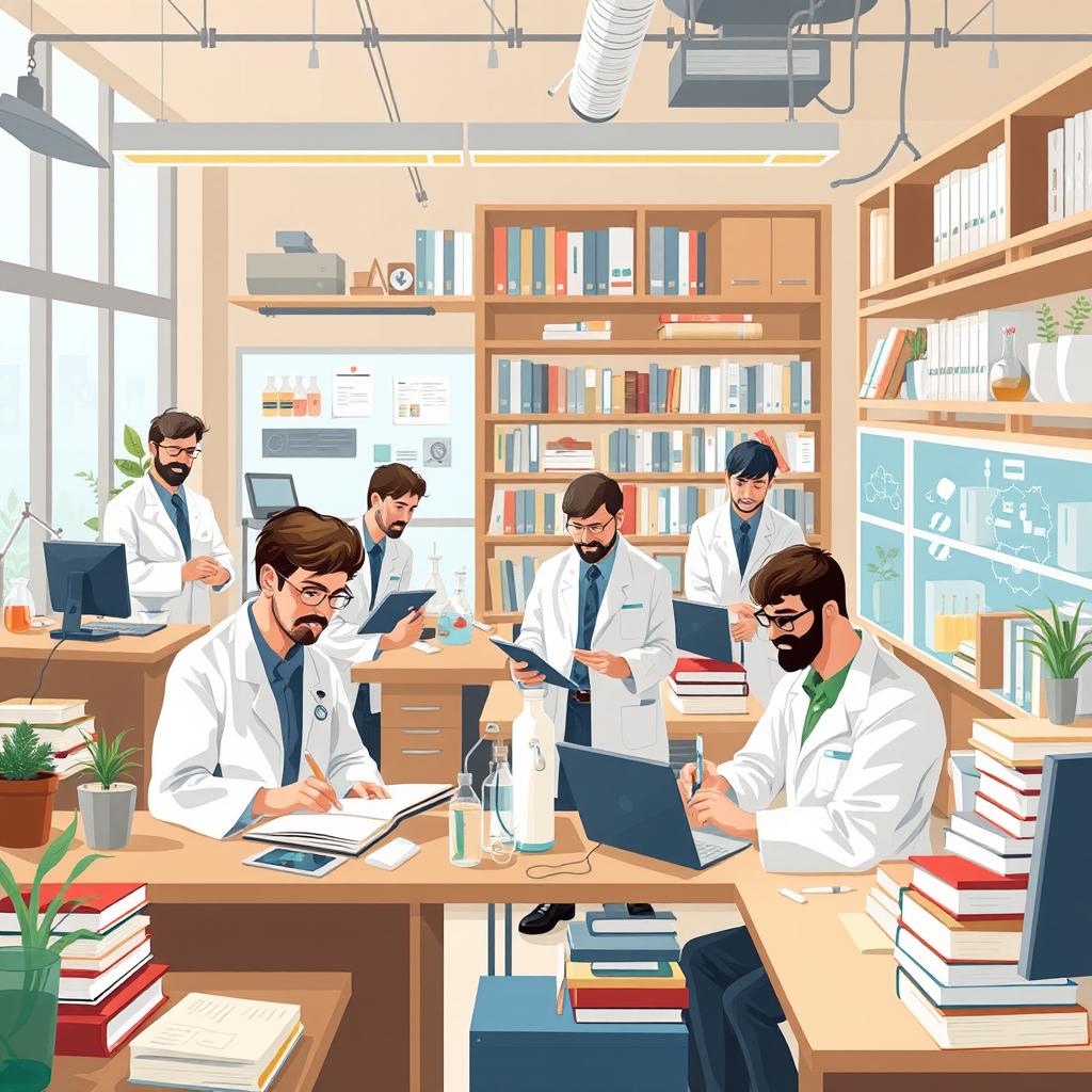 An illustration depicting the strategies and habits of distinguished researchers, focusing only on male researchers