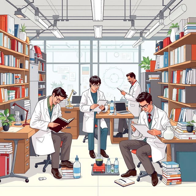 An illustration depicting the strategies and habits of distinguished researchers, focusing only on male researchers