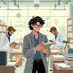 An illustration depicting the strategies and habits of distinguished researchers, focusing only on male researchers