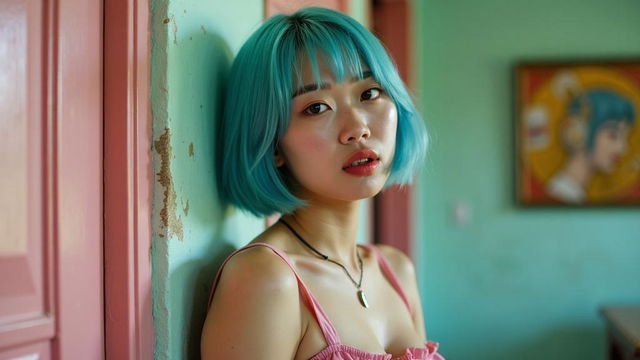 A highly realistic, cinematic portrait of a real-life Bulma, with pastel colors and a raw, unfiltered quality