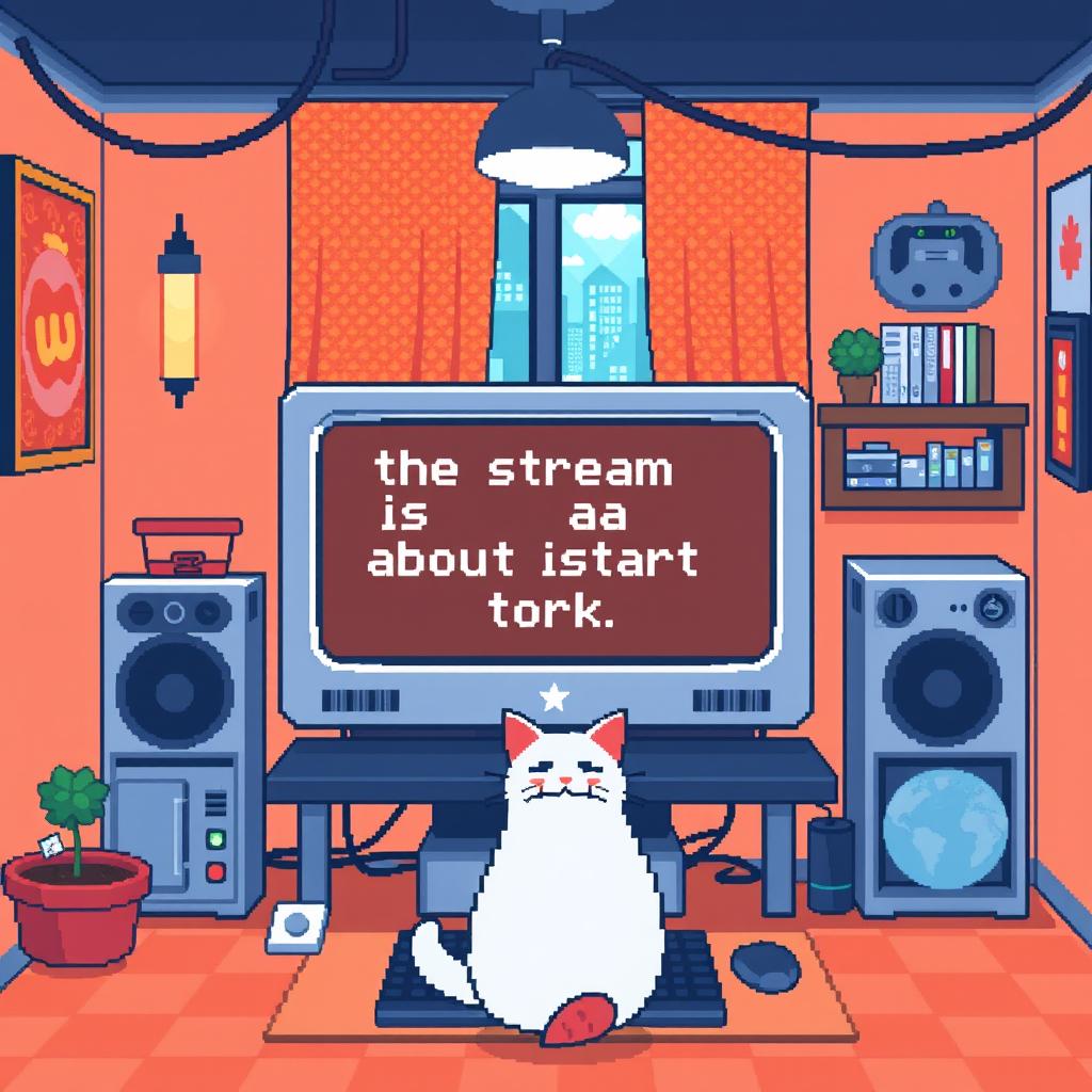Create a pixel art room with a gaming computer displaying 'the stream is about to start'