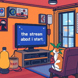 Create a pixel art room with a gaming computer displaying 'the stream is about to start'