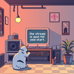 Create a pixel art room with a gaming computer displaying 'the stream is about to start'