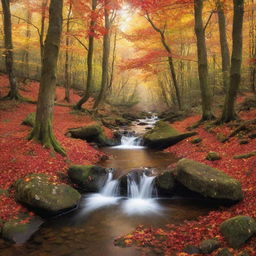 An enchanting forest scene during autumn, with vibrant red and orange leaves falling from the trees, sunlight filtering through the canopy, and a calm winding stream flowing across the landscape.