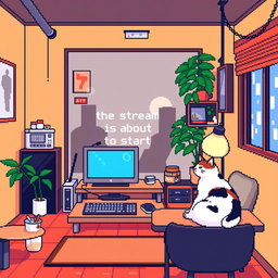 Create a pixel art room with a gaming computer displaying 'the stream is about to start'