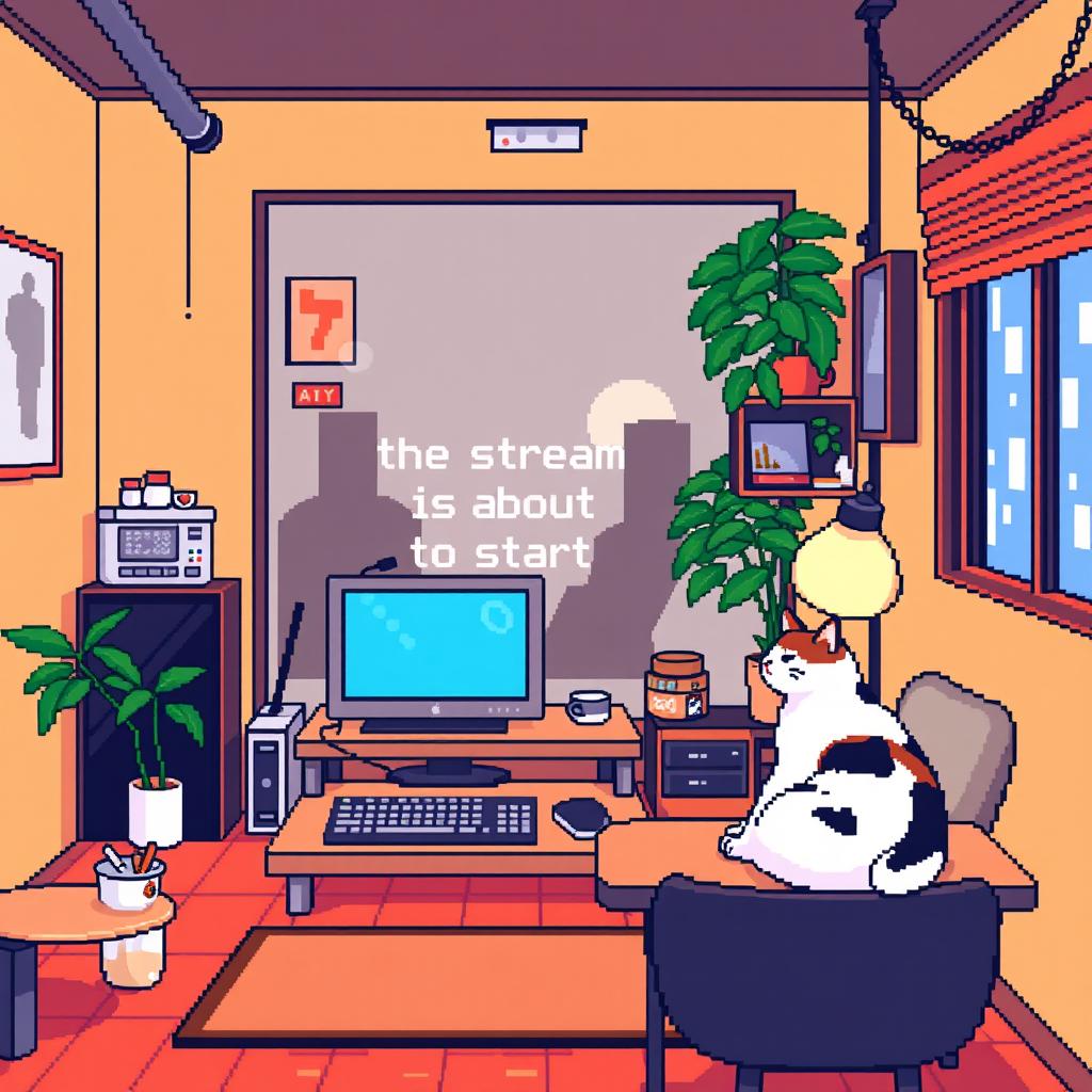 Create a pixel art room with a gaming computer displaying 'the stream is about to start'