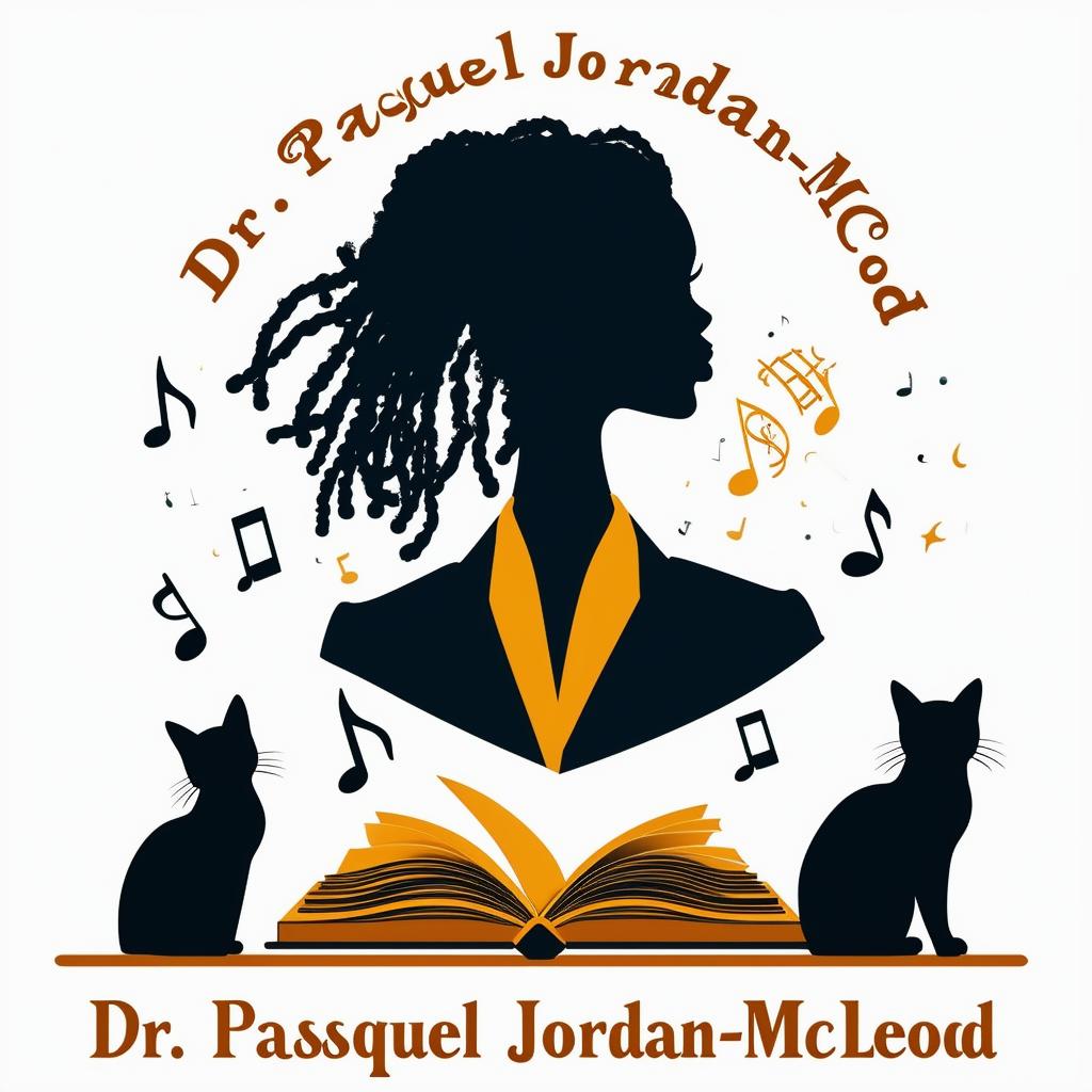 Elegant logo for book promotion featuring a lady with short dreadlocks silhouette in a suit, music notes, two cats, and a book