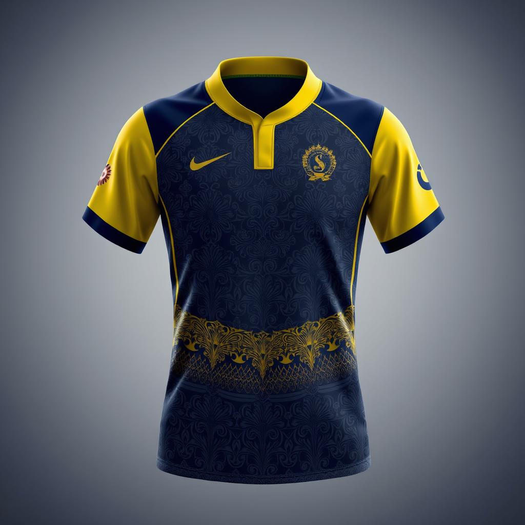 A sports jersey with a yellow collar and dark blue color scheme, featuring traditional batik patterns