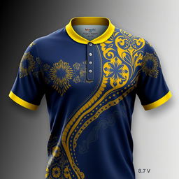 A sports jersey with a yellow collar and dark blue color scheme, featuring traditional batik patterns