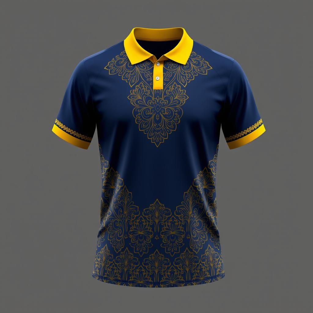 A sports jersey with a yellow collar and dark blue color scheme, featuring traditional batik patterns