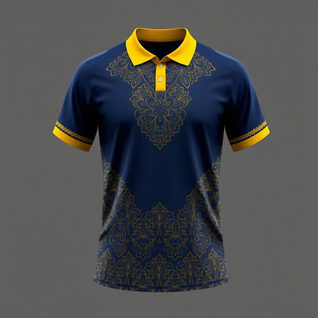 A sports jersey with a yellow collar and dark blue color scheme, featuring traditional batik patterns