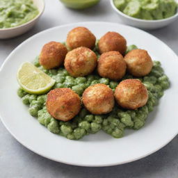 Chicken balls on a plate, surrounded by green salsa, with a beautiful decoration.