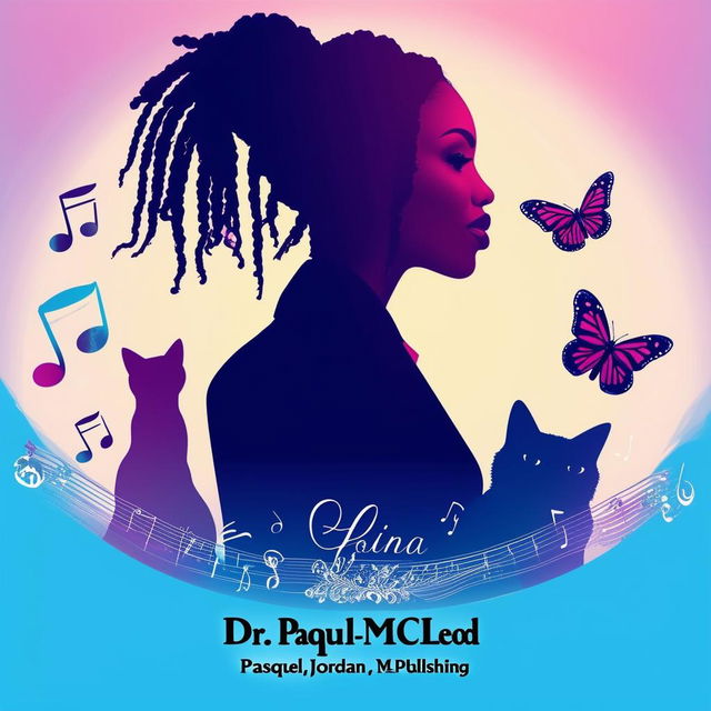 Elegant logo for book promotion featuring a lady with short dreadlocks silhouette in a suit, music notes, butterflies, two cats, and a book