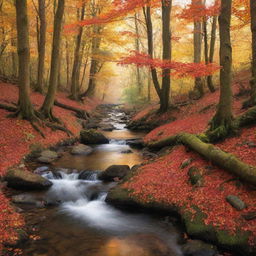 An enchanting forest scene during autumn, with vibrant red and orange leaves falling from the trees, sunlight filtering through the canopy, and a calm winding stream flowing across the landscape.