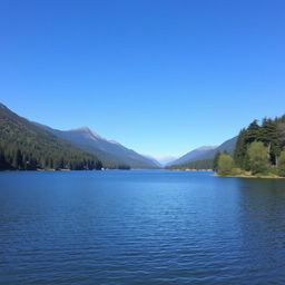 A serene landscape featuring a calm lake surrounded by lush green trees and mountains in the background under a clear blue sky