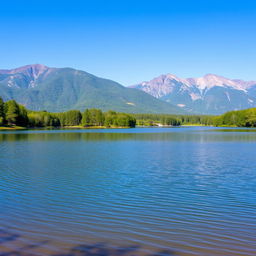 A serene landscape featuring a calm lake surrounded by lush green trees and mountains in the background under a clear blue sky