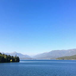 A serene landscape featuring a calm lake surrounded by lush green trees and mountains in the background under a clear blue sky