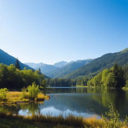 A serene landscape featuring a calm lake surrounded by lush green trees and mountains in the background under a clear blue sky