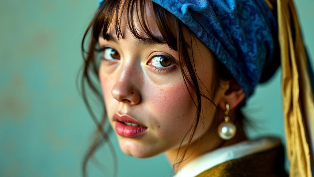 A highly realistic, cinematic portrait inspired by 'Girl with a Pearl Earring,' with pastel colors, a Wes Anderson influence, and a raw, unfiltered quality