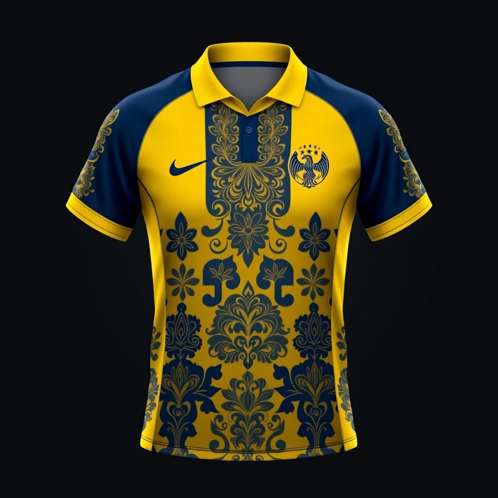 A sports jersey with a yellow collar and dark blue color scheme, featuring traditional batik patterns