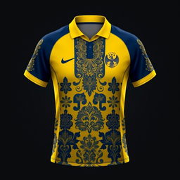 A sports jersey with a yellow collar and dark blue color scheme, featuring traditional batik patterns