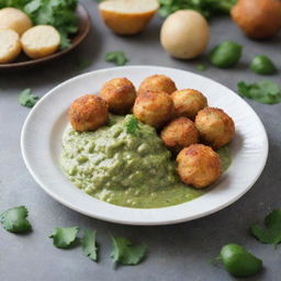 Chicken balls on a plate, surrounded by green salsa, with a beautiful decoration.