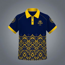 A sports jersey with a yellow collar and dark blue color scheme, featuring traditional batik patterns