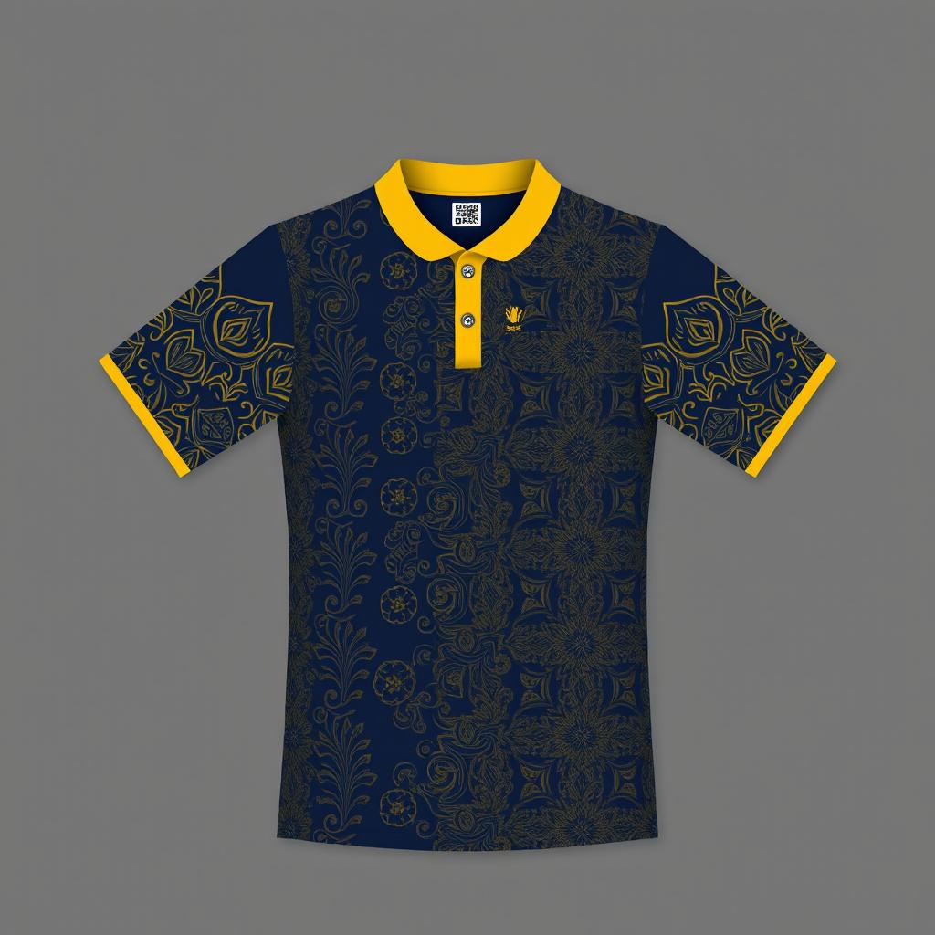 A sports jersey with a yellow collar and dark blue color scheme, featuring traditional batik patterns