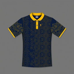 A sports jersey with a yellow collar and dark blue color scheme, featuring traditional batik patterns