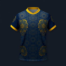 A sports jersey with a yellow collar and dark blue color scheme, featuring traditional batik patterns