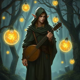 A semi-elf bard wearing a hooded cloak, standing in a mystical forest