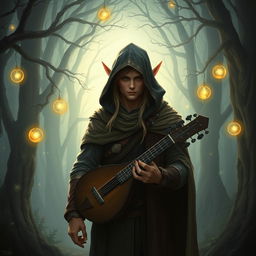 A semi-elf bard wearing a hooded cloak, standing in a mystical forest