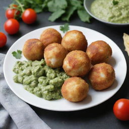 Chicken balls on a plate, surrounded by green salsa, with a beautiful decoration.