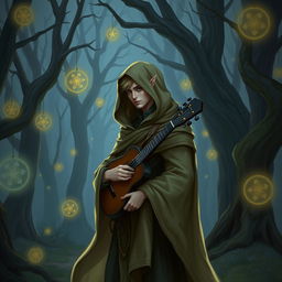 A semi-elf bard wearing a hooded cloak, standing in a mystical forest