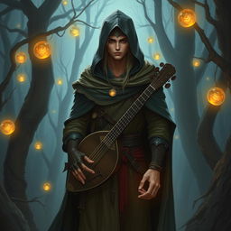 A semi-elf bard wearing a hooded cloak, standing in a mystical forest