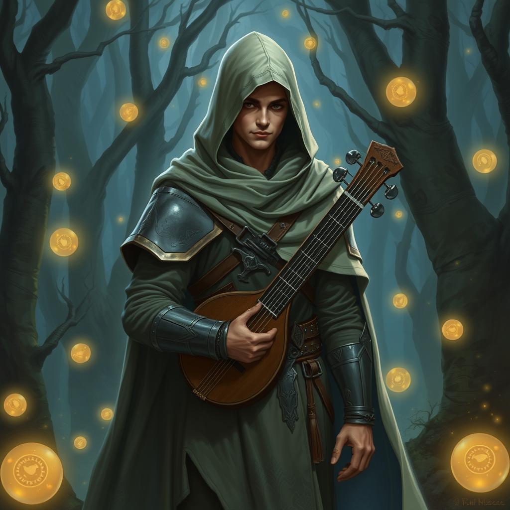 A semi-elf bard wearing a hooded cloak and light armor, standing in a mystical forest