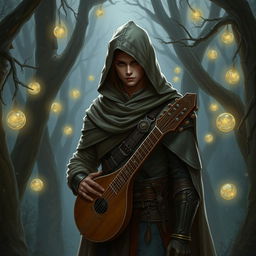 A semi-elf bard wearing a hooded cloak and light armor, standing in a mystical forest