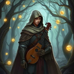 A semi-elf bard wearing a hooded cloak and light armor, standing in a mystical forest