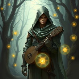 A semi-elf bard wearing a hooded cloak and light armor, standing in a mystical forest