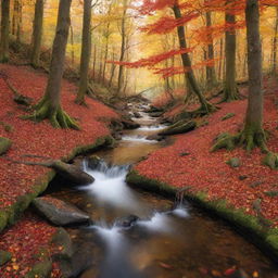 An enchanting forest scene during autumn, with vibrant red and orange leaves falling from the trees, sunlight filtering through the canopy, and a calm winding stream flowing across the landscape.